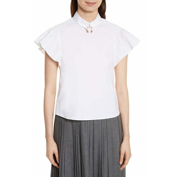 Red Valentino Piercing Poplin Blouse Women's Sz IT 42 /US 6 White Flutter Sleeve - Picture 1 of 8